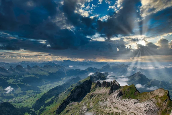 Beautiful Aerial Photo Santis Mountains Switzerland Cloudy Day — Stock Photo, Image