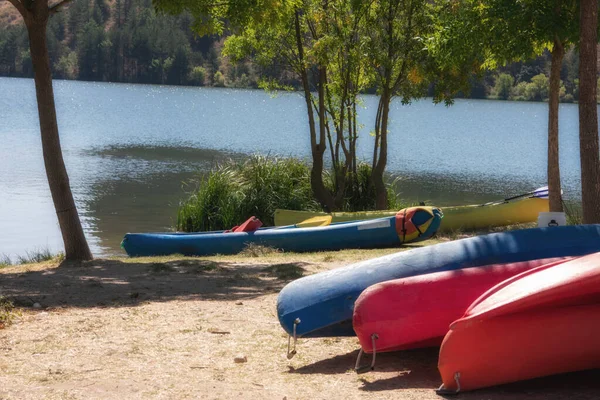 Montón Botes Colocados Cerca Del Lago Deportes Acuáticos —  Fotos de Stock