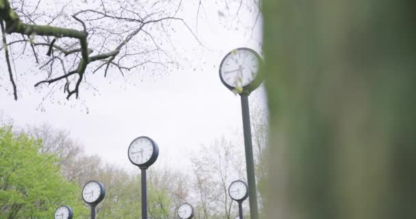 Muchos Relojes Parque Ciudad — Vídeos de Stock