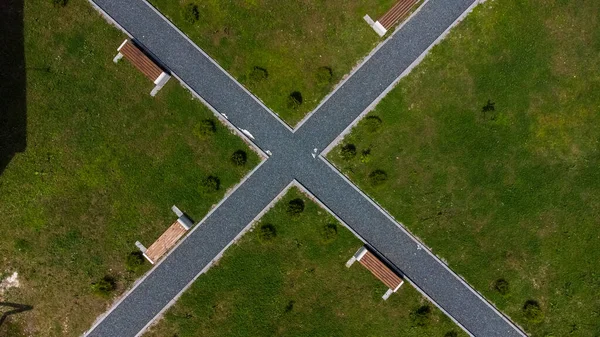 Aerial Shot Crossroad Benches Garden — Stock Photo, Image