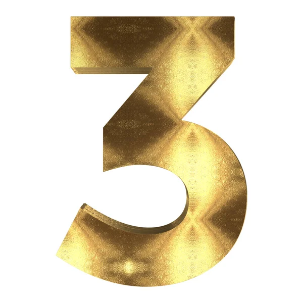 Representación Símbolo Número Tres Metal Dorado Aislado Sobre Fondo Blanco — Foto de Stock