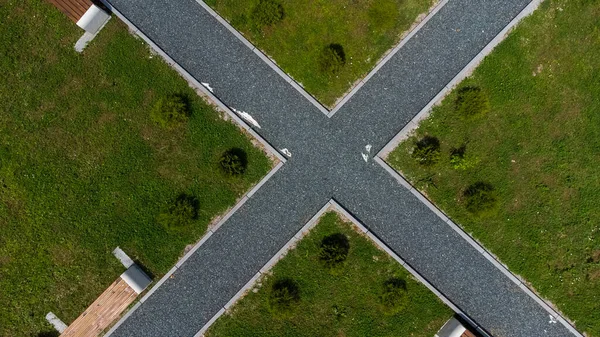 Aerial Shot Crossroad Benches Garden — Stock Photo, Image