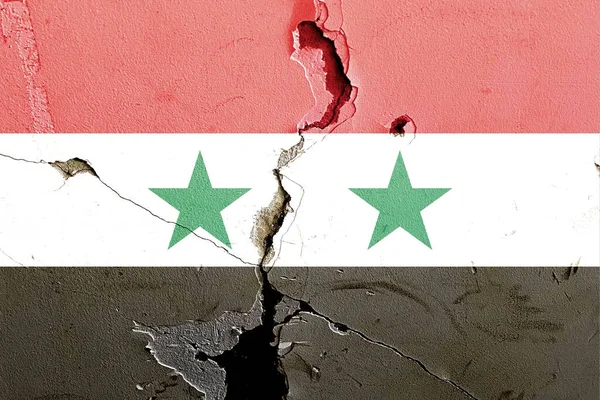 Nationale Vlag Van Syrië Geschilderd Een Verweerde Gebroken Muur Politiek — Stockfoto