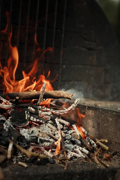Mangal Yapmak Için Yakılan Alevlerin Kömürlerin Dikey Yakın Çekimi — Stok fotoğraf