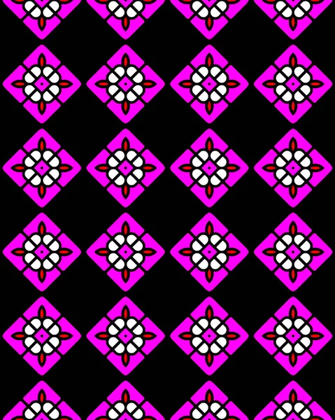 黒を基調に紫 赤の三角形の装飾が施されたシームレスなタイル模様のイラスト — ストック写真