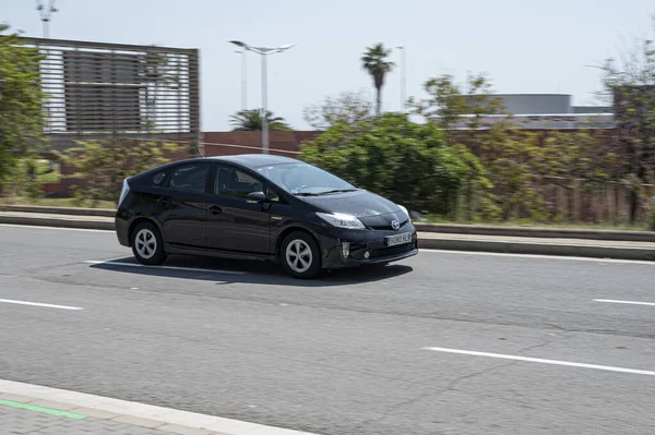 Barcelona Španělsko Června 2021 Panning Hybridního Auta Městě Černý Toyota — Stock fotografie