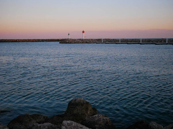 Nice Picture Two Lighthouses Seen Distance Coast Sunset — Stock Photo, Image