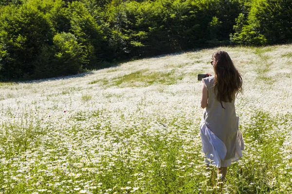 Eine Frau Fotografiert Einem Sonnigen Tag Einem Gänseblümchenfeld — Stockfoto