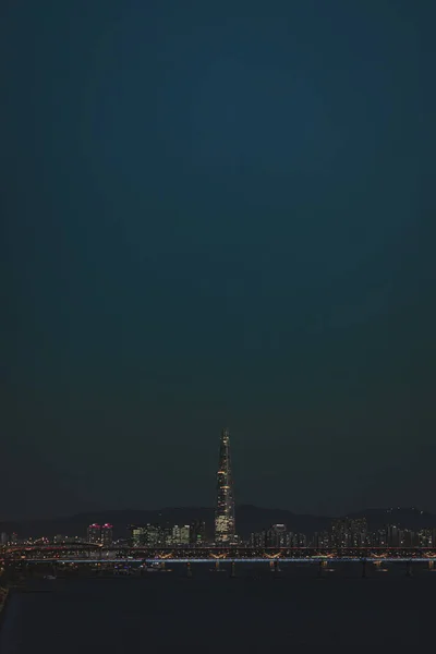 Natt Utsikt Över Staden Skyskrapor Och Bro — Stockfoto