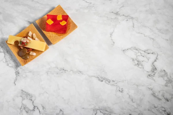 Top View Delicious Appetizers Small Wooden Plate Marble Texture Table — Stock Photo, Image