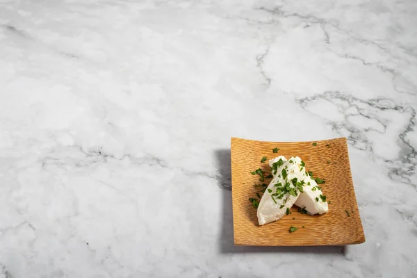 Delicious Appetizer Small Wooden Plate Marble Texture Table — Stock Photo, Image