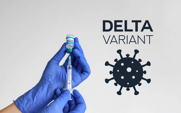 Hand Gloves Holding Syringe Vaccine Covid Word Delta Delta Variant — Stock Photo, Image