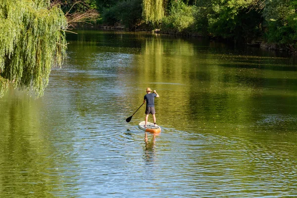 Man Som Står Sup Board Och Paddlar Vackra Gröna Floden — Stockfoto