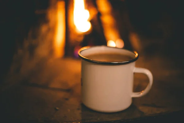 Selective Focus Shot Mug Coffee White Aluminum Mug — Stock Photo, Image