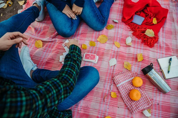 Jedna Młoda Para Grająca Karty Pikniku — Zdjęcie stockowe