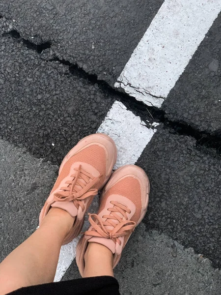 Tiro Ângulo Alto Par Pés Femininos Sapatos Rosa — Fotografia de Stock