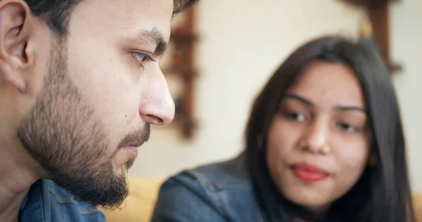 Young Indian Man Talking His Girlfriend Serious Facial Expression — 스톡 사진