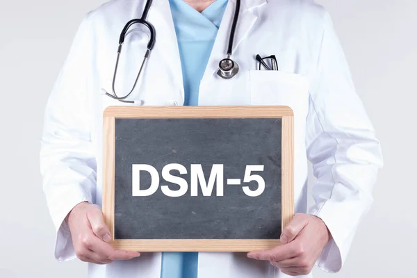 Blackboard Dsm Written Hands Doctor White Background — Stock Photo, Image