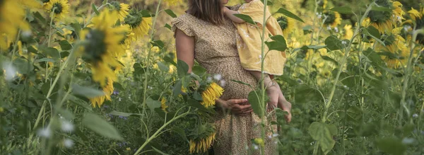 Pregnant Woman Cream Dress Holding Her Daughter Walking Sunflower Field — Stock Photo, Image