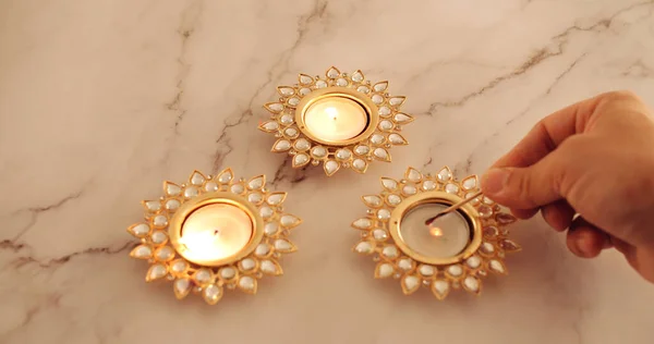 Fotografie Închidere Unei Lumânări Decorative Diwali — Fotografie, imagine de stoc