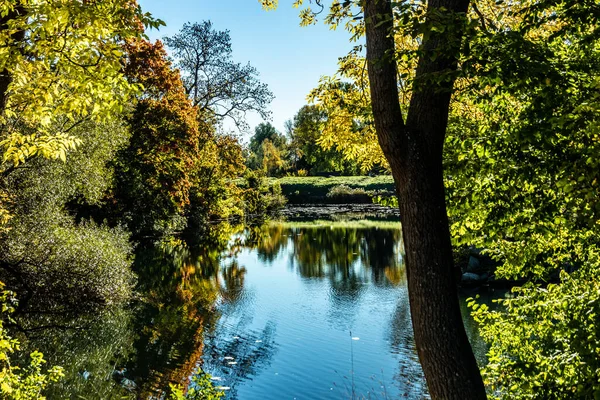 Uma Bela Vista Paisagem Terra Com Lago Árvores — Fotografia de Stock