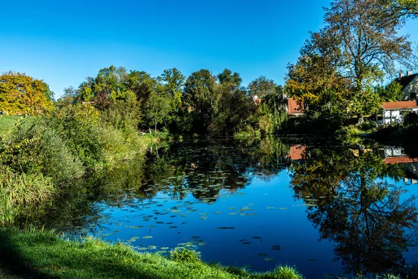 Beautiful Landscape View Farmland Lake Trees — Stock Photo, Image