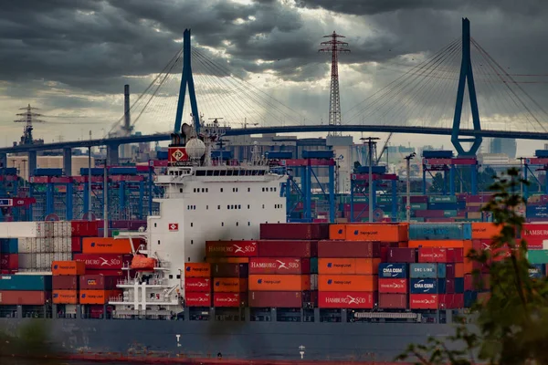Hamburg Deutschland Juli 2019 Schöner Blick Auf Ein Containerschiff Das — Stockfoto