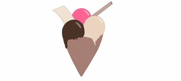 Eis Mit Erdbeere Schokolade Und Vanille Zusammen Mit Zwei Waffeln — Stockfoto