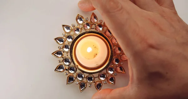 Tetején Kezét Mozgató Dekoratív Diwali Gyertya — Stock Fotó