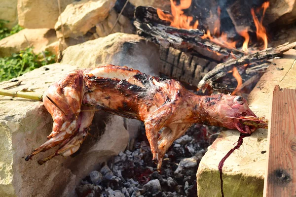 在马耳他群岛的一个火坑里 整只兔子正在被煮熟 — 图库照片