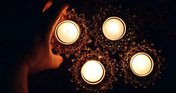 Uma Vista Superior Queima Velas Decorativas Diwali — Fotografia de Stock