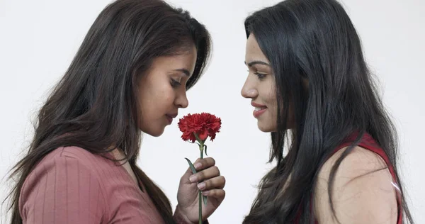 Nahaufnahme Eines Schönen Indischen Paares Mit Einer Roten Rose — Stockfoto