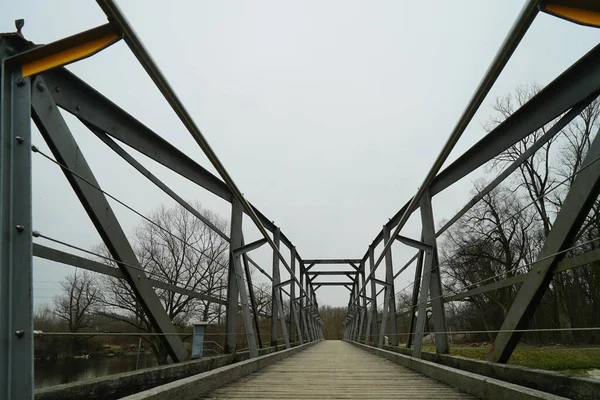 Uma Ponte Com Corrimãos Metal Parque Sob Céu Nublado Dia — Fotografia de Stock