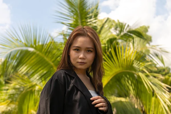 South Asian Young Female Wearing Black Formal Coat Seriously Posing — Stock Photo, Image