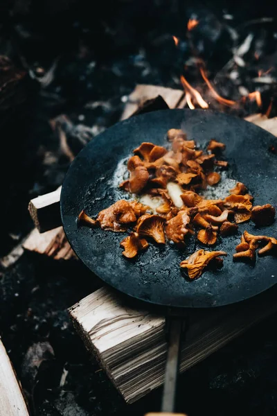 Selective Closeup Mushrooms Pan Being Fried Fire — Stock Photo, Image