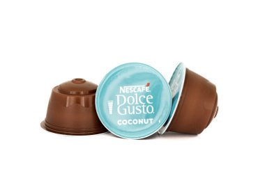 IRVINE, UNITED KINGDOM - Jul 11, 2021: The Nescafe branded Dolce Gusto Coconut flat white coffee pods an increasingly popular coffee brand clipart