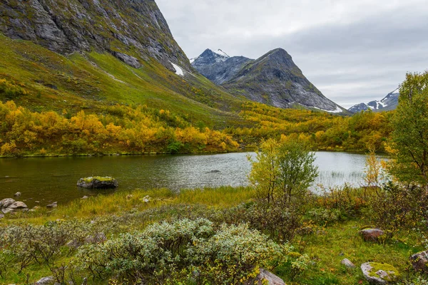 Piękny Krajobraz Góry Sunnmore Rzeką Płynącą Środku Pól Norwegii — Zdjęcie stockowe
