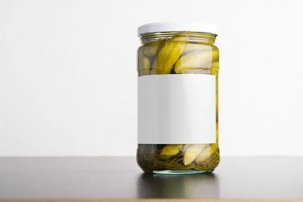 Pickled Cucumber Glass Jar White Blank Package Put Table Editable — Stock Photo, Image