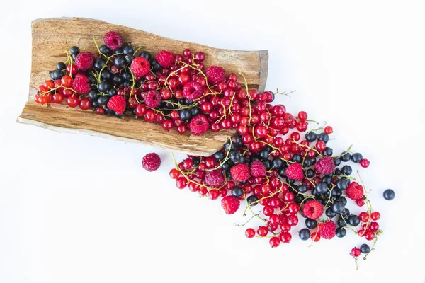 Passa Corinto Vermelha Preta Fresca Loganberries Uma Superfície Madeira — Fotografia de Stock