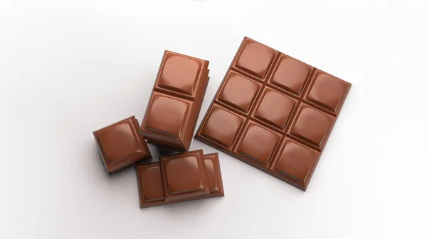 Рендеринг Кусочков Молочного Шоколада Шоколадной Плитки Сверху Белом Фоне — стоковое фото