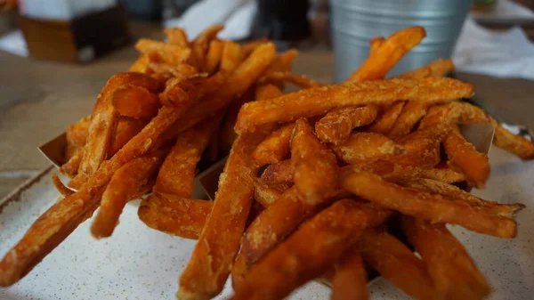 Closeup Shot Delicious Potato Fry Brown Square Bowls — 图库照片