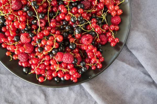 Bowl Full Red Black Currants Raspberries Gray Cloth Background — Stock Photo, Image