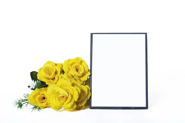 Bouquet Vibrant Yellow Roses Next Blank White Picture Copy Space — 图库照片