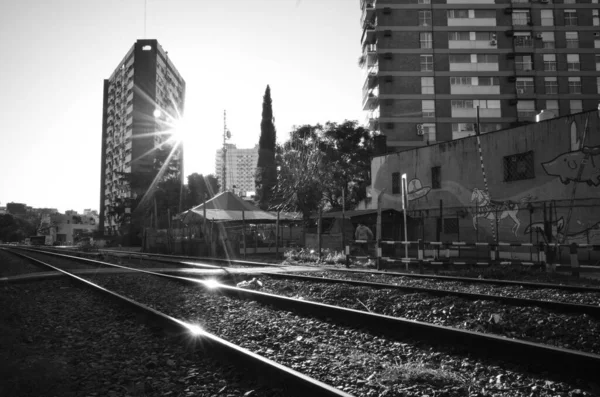 Przejście Dla Pieszych Przeciwko Wieżowcom Belgrano Buenos Aires Monochromatyczne Odbiciami — Zdjęcie stockowe