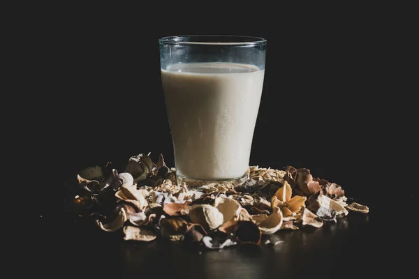 Ett Glas Havremjölk Svart Bakgrund — Stockfoto