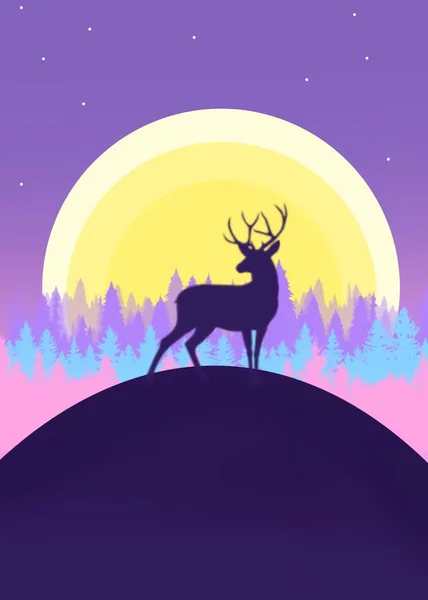 Vertical Illustration Silhouette Deer Hill Colorful Trees Bright Moon — Stock Photo, Image