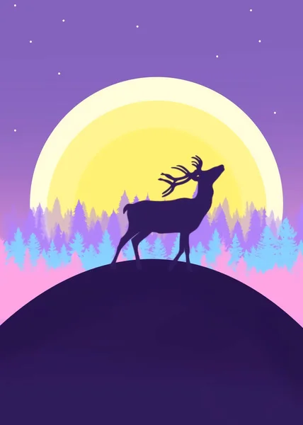 Vertical Illustration Silhouette Deer Hill Colorful Trees Bright Moon — Stock Photo, Image