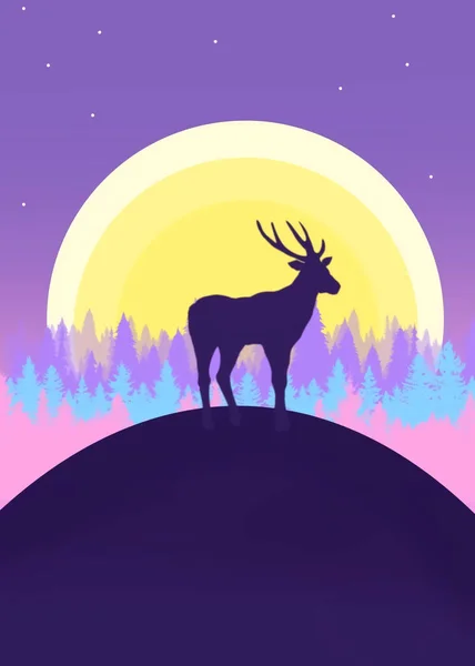 在五彩斑斓的树木和明亮的月亮的映衬下 在山上的鹿的轮廓的垂直画图 — 图库照片