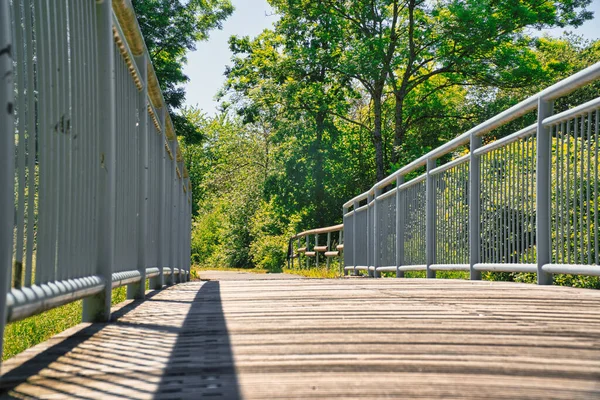 Eine Holzbrücke Mit Metallgeländer Wald — Stockfoto