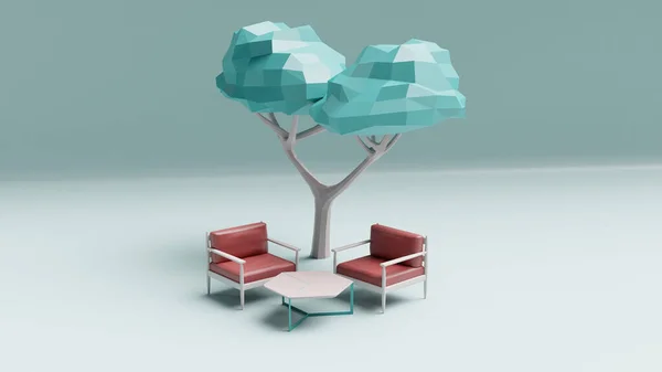 Återgivning Ett Minimalistiskt Rum Med Fåtöljer Och Ett Abstrakt Träd — Stockfoto